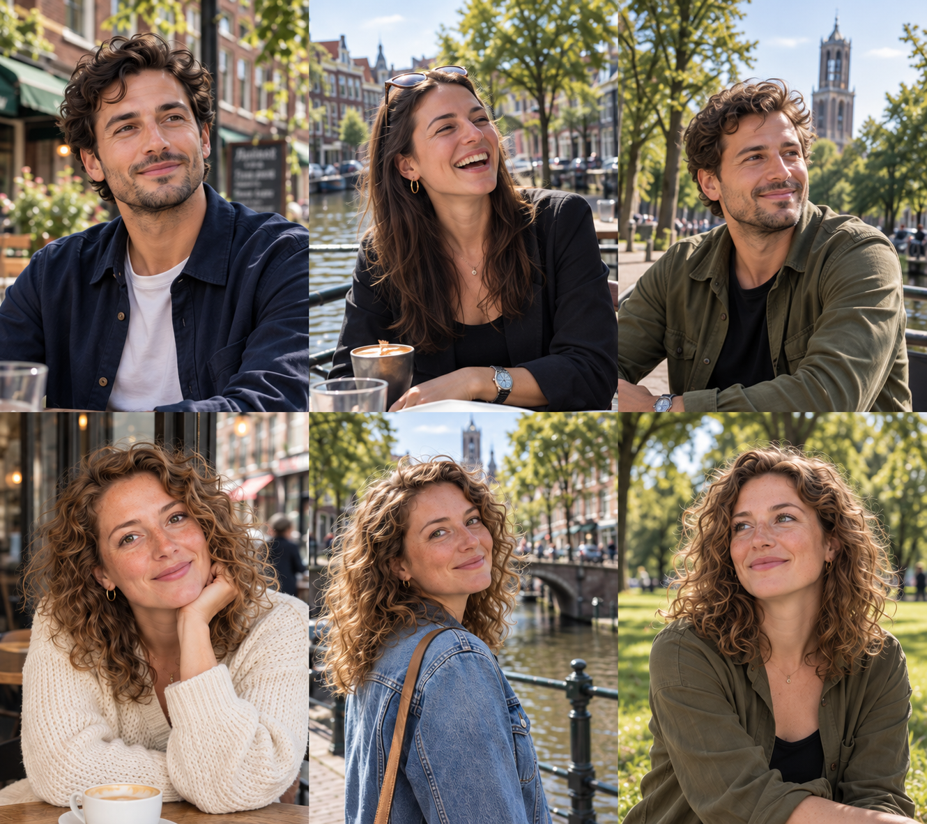 Fictieve vrouw met krullend haar aan een cafétafeltje — AI-stijlvoorbeeld